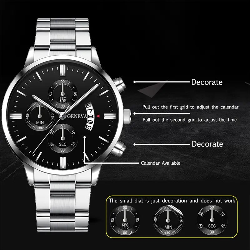Men's Luxury Silver Stainless Steel Quartz Watch with Calendar