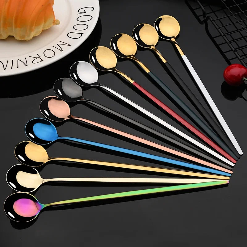6-Piece Stainless Steel Long Handle Ice Spoon Set - Gold-Tone Coffee & Tea Stirring Utensils