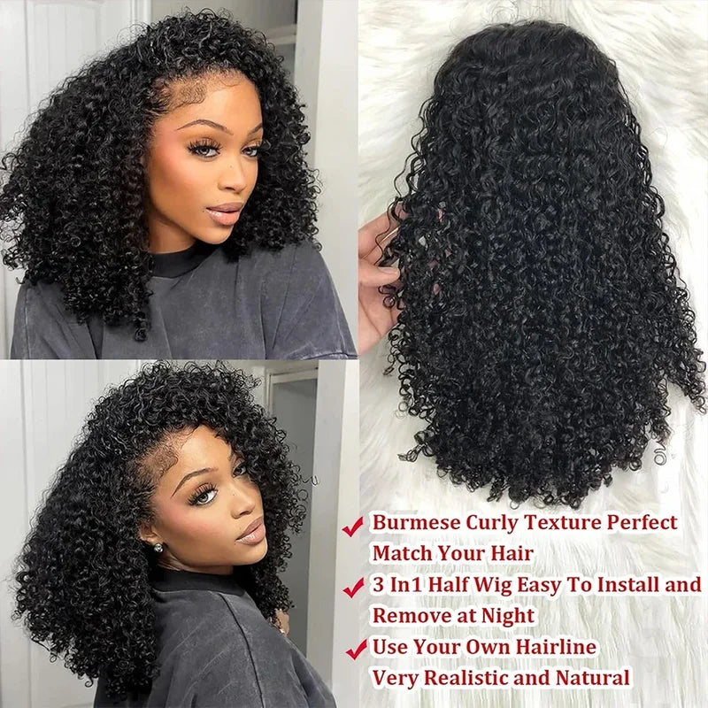3-in-1 Human Hair Wigs for Women - Curly, Glueless, Flip Over, Seamless, Multiple Lengths & Colors