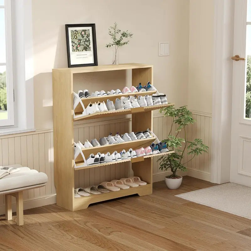 Slim Modern Shoe Storage Cabinet with 2 Drawers & Adjustable Shelf