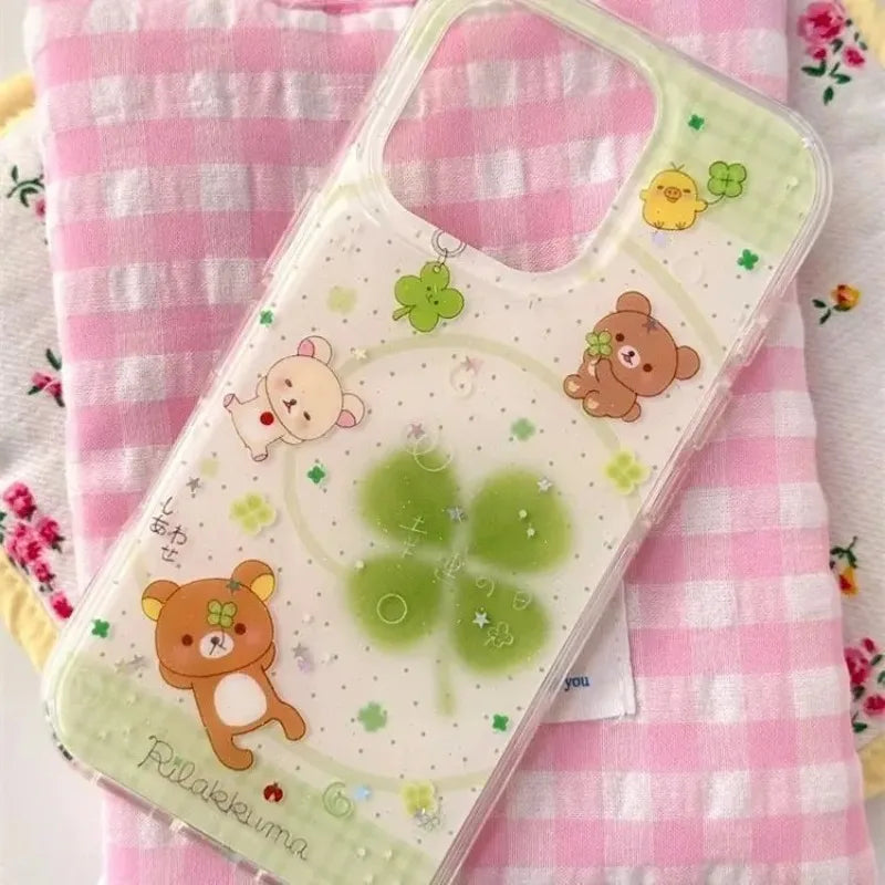 Cute Rilakkuma Four-Leaf Clover Phone Case - Protective Cover for iPhone 11-17 Pro Max