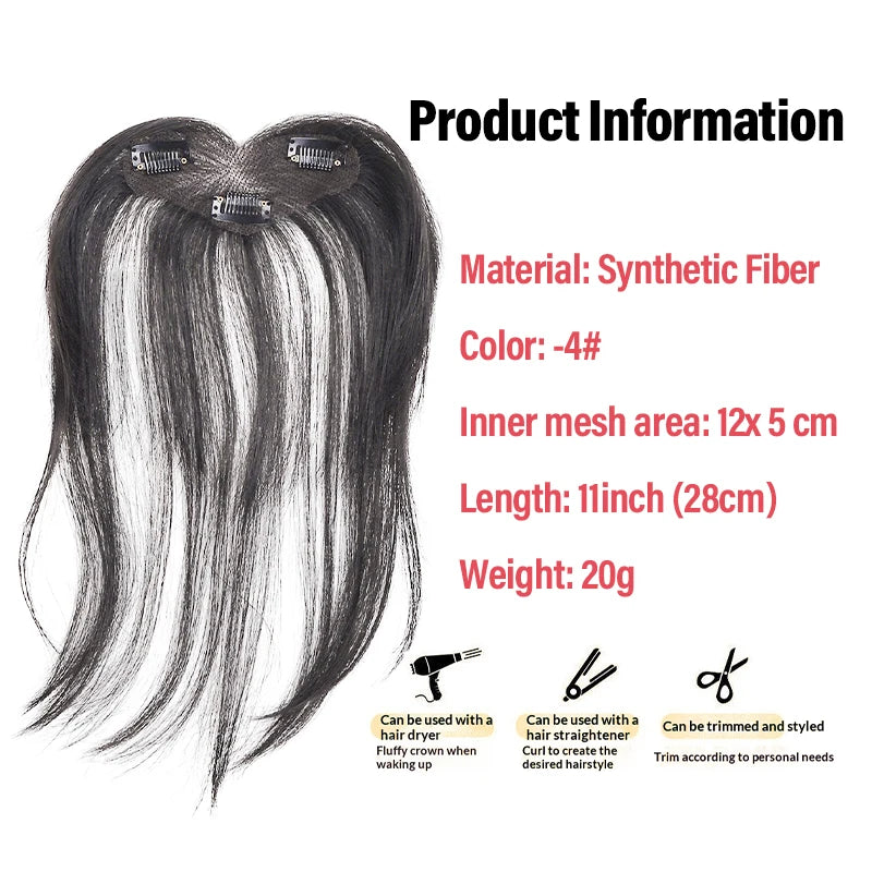 Synthetic Fiber Hair Topper with Middle Part & Baby Bangs - Clip-On Wig for Gray Coverage & Cheekbone Effect