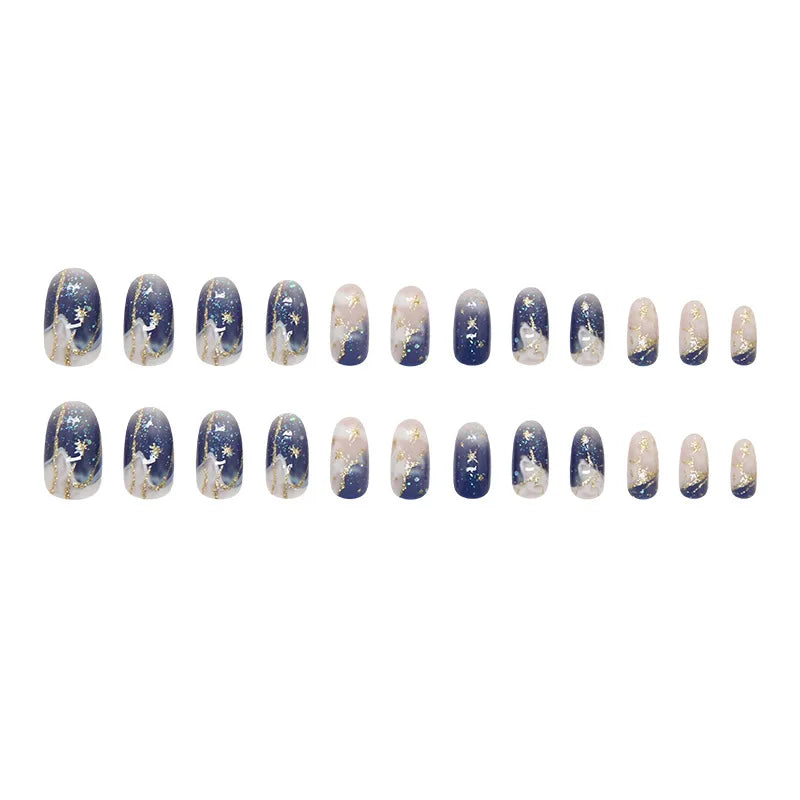 24Pcs Fake Nails Set with Gold Star Pattern - Press On Almond Shape Manicure