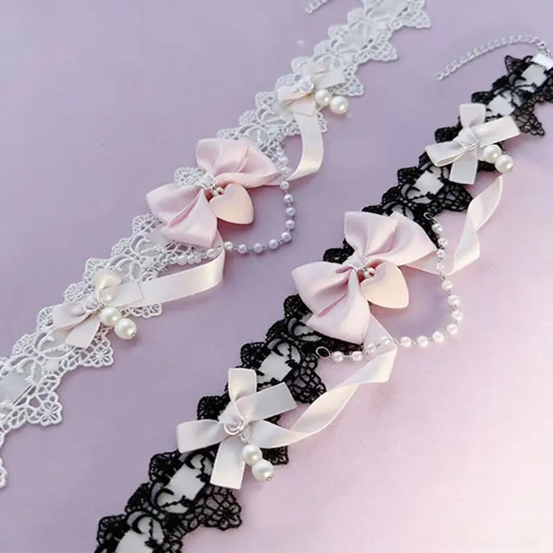 Sweet Lolita Pearl Lace Necklace with Bowknot Charm for Women and Girls - Romantic Cute Jewelry