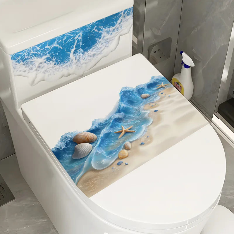 3D Ocean Wave Toilet Sticker - Waterproof Bathroom Wall Decal, Beach Seashore Decor