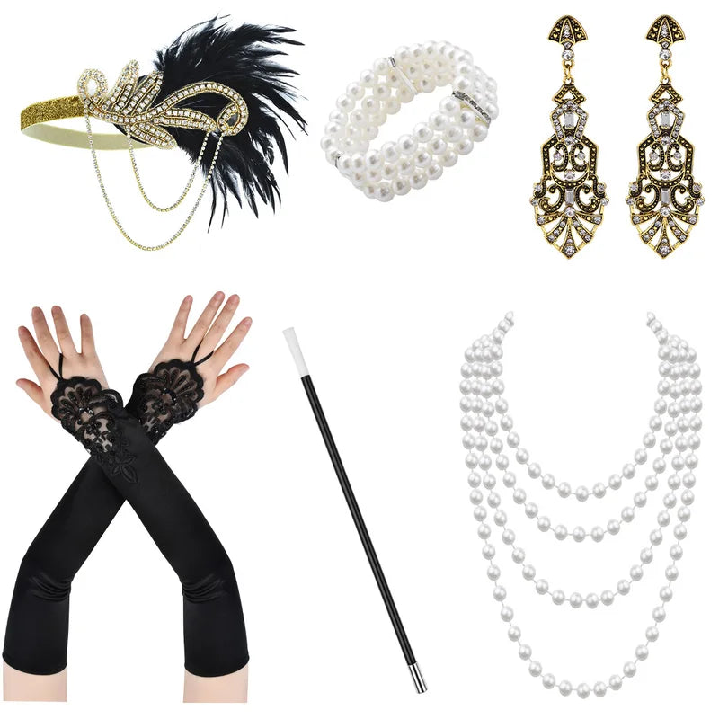 1920s Gatsby Costume Jewelry Set with Headband Gloves Earrings Necklace for Halloween Party