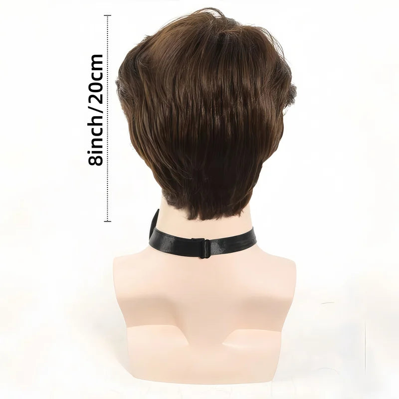 Men's Brown Short Fluffy Synthetic Wig with Side Bangs, Heat-Resistant Coily Fiber for Cosplay