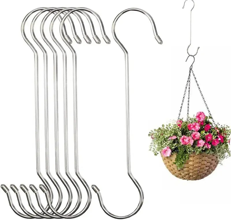 Heavy Duty Outdoor Plant Hook Set - 6 Large S Hooks for Garden Baskets, Bird Feeders & Wind Chimes