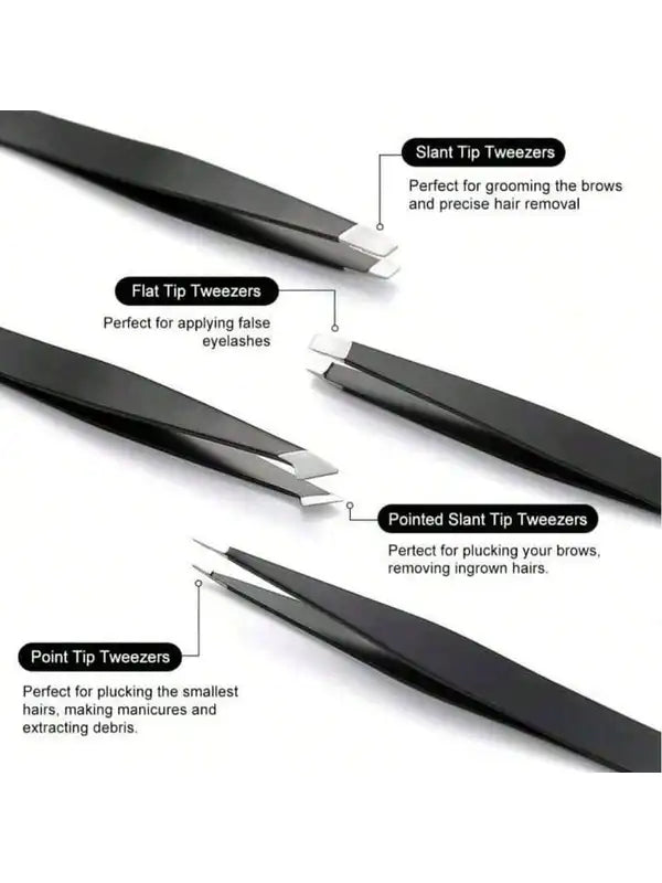Stainless Steel Eyebrow Tweezers Set - 4-Pack Facial Hair & Makeup Tools