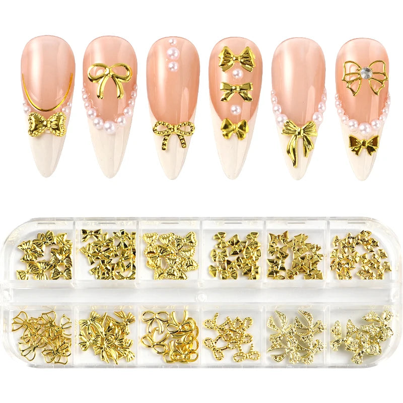 Golden Bow Nail Art Charms Set - 12 Alloy Nail Jewelry Decorations
