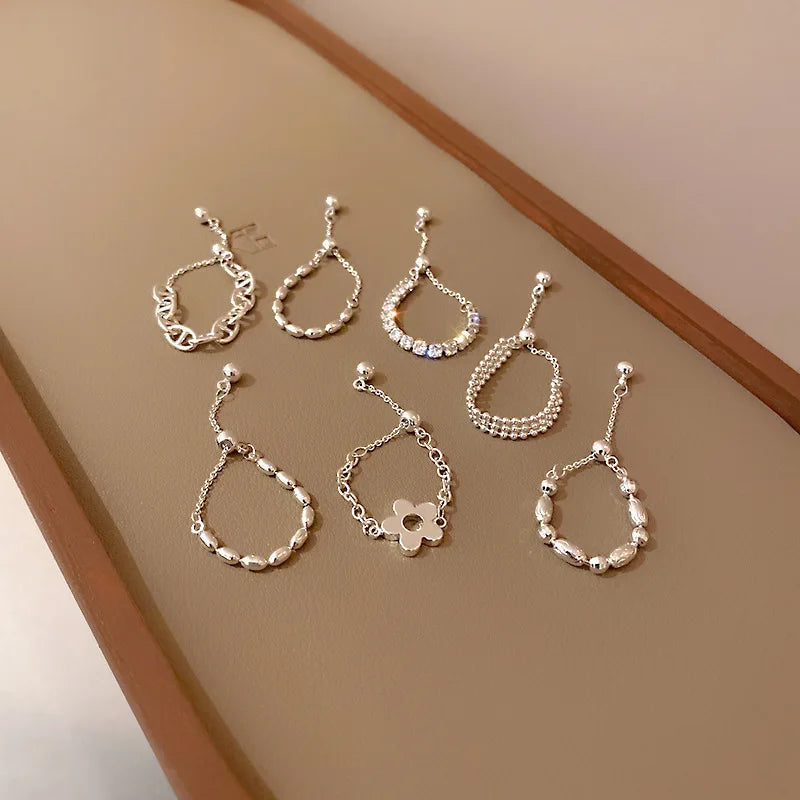 Sterling Silver Flower Ball Long Tassel Chain Ring for Women - Adjustable Trendy Jewelry