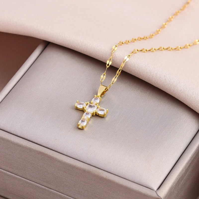 Sparkly Zircon Crystal Cross Pendant Necklace for Women Stainless Steel Chain Jewelry