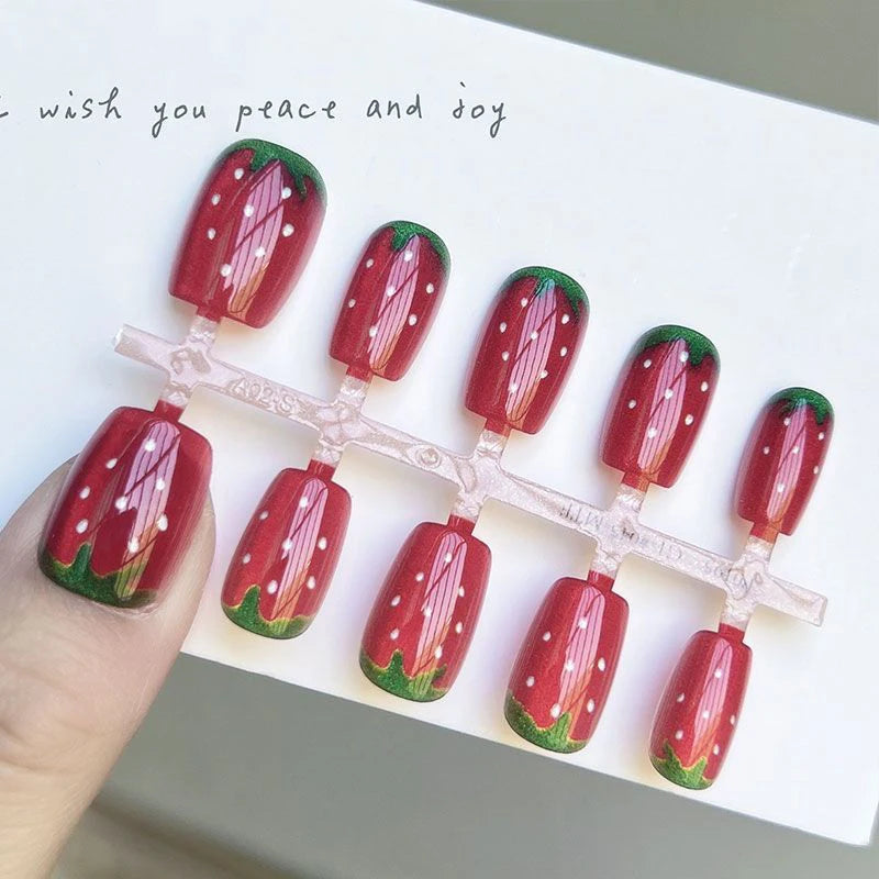 10pcs Short Fake Nails with Strawberry & Cat's Eye Design - Full Cover Press On Nails