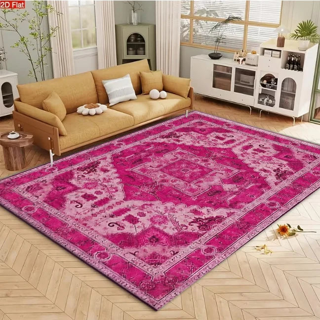 Vintage Oriental Medallion Area Rug Bright Pink Fuchsia Non-Slip Floor Mat