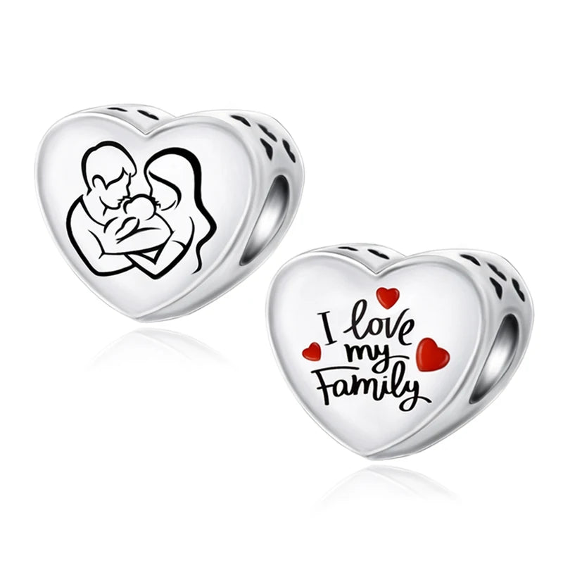 Family Friendship Heart Charm Beads for DIY Bracelets - Multiple Colors