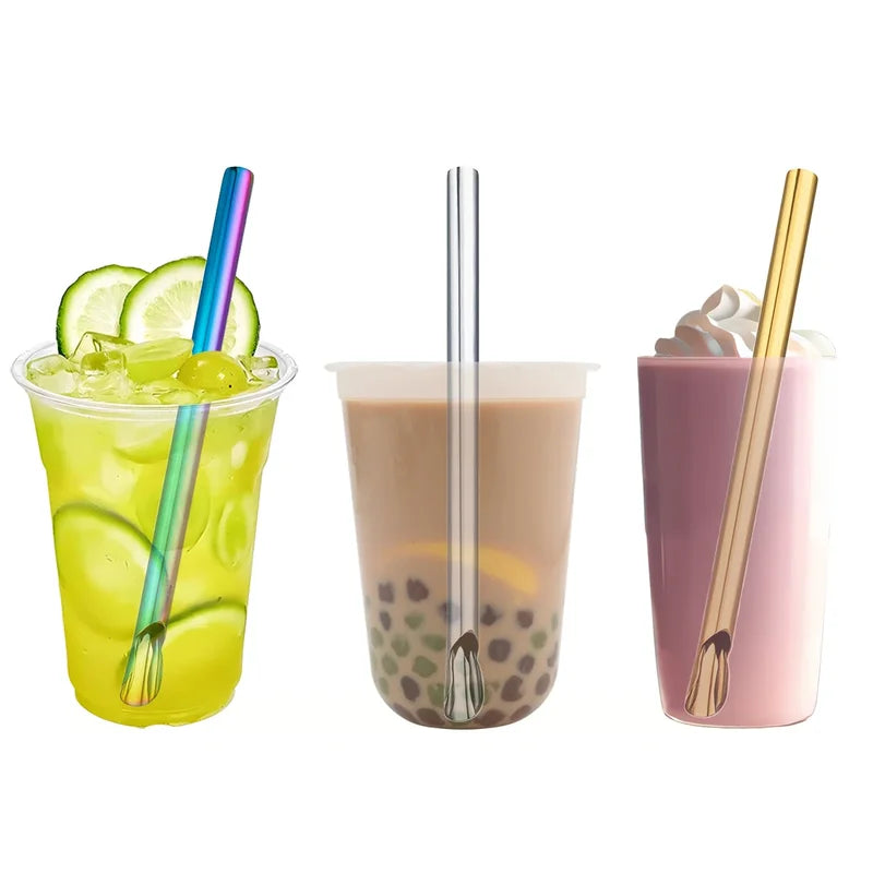 Stainless Steel Milkshake & Cocktail Straws Set with Brush - Multiple Colors