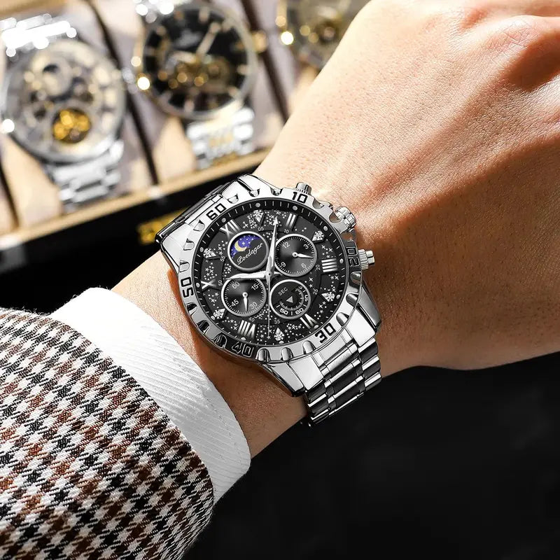 Men's Waterproof Luminous Stainless Steel Quartz Chronograph Wristwatch - Military Style