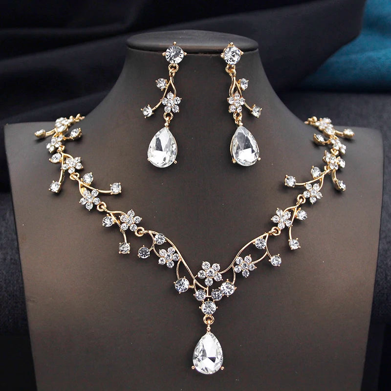 Rhinestone Water Drop Bridal Jewelry Sets for Women Wedding Necklace & Earrings