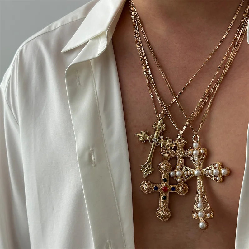 4Pcs Zircon Cross Pendant Necklace Set for Women - Vintage Adjustable Gold Chain Jewelry
