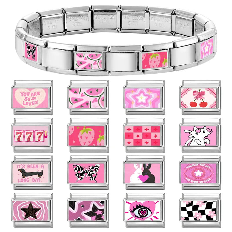 Pink Series Cat Rabbit Leopard Heart Italian Charm Links for 9mm Bracelets - Jewelry Making DIY