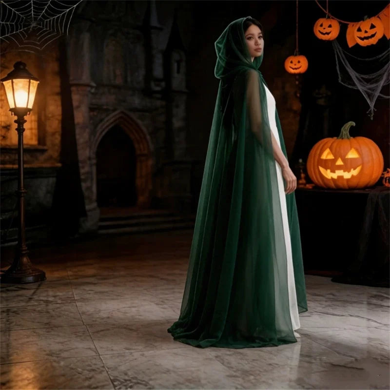 Unisex Ghost Costume with Hooded Cloak and Net-Like Dress for Halloween - Multiple Colors