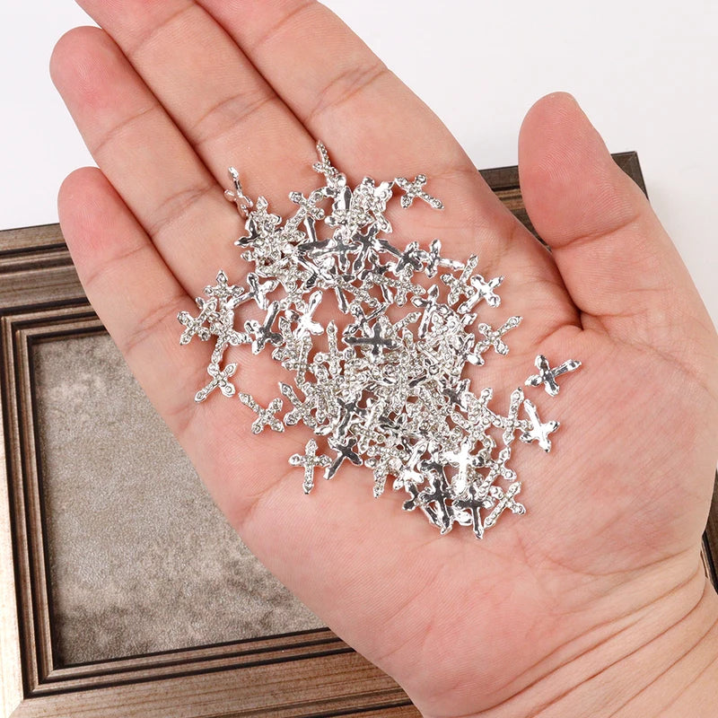 10Pcs Glitter Cross Nail Charms - Silver & Gold 3D Nail Art Decorations