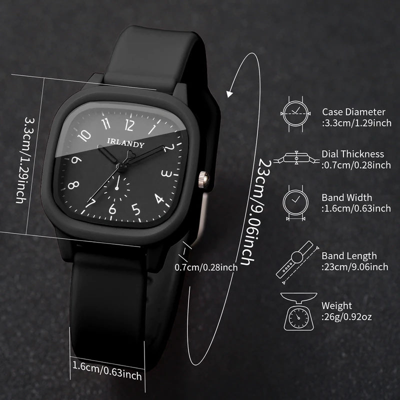 Fashion Square Women Quartz Watch with Heart Bracelet Set Silicone Strap, Arabic Dial