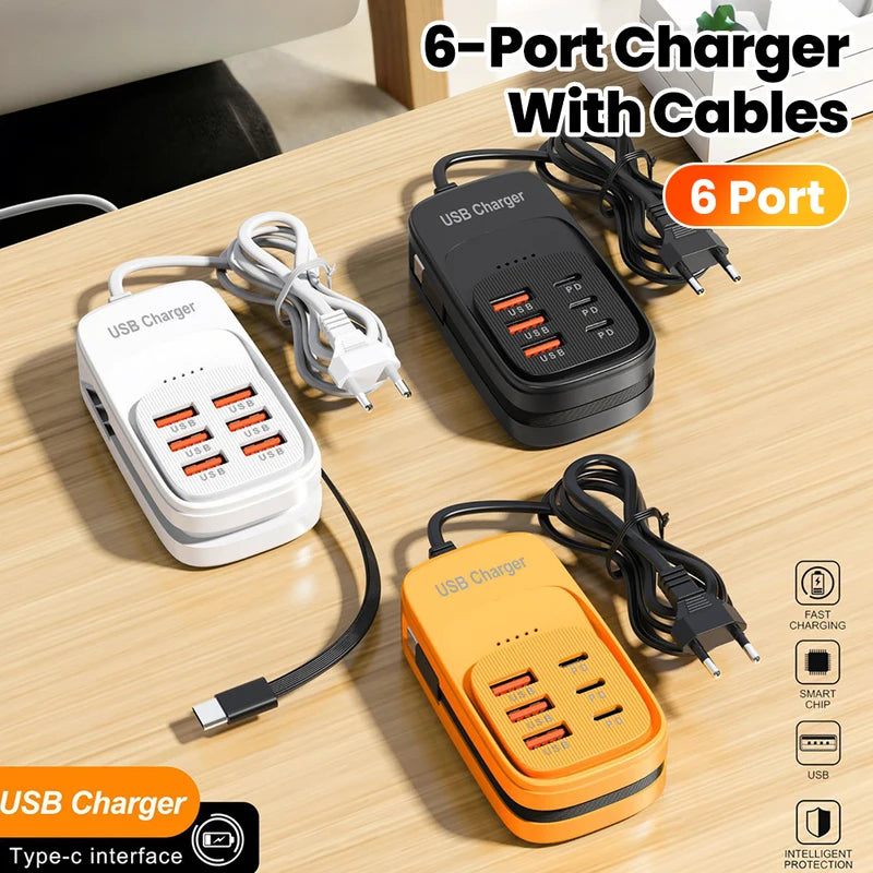 6-in-1 USB Charging Station Power Strip with EU/UK/US Plugs — Fast Charging Hub