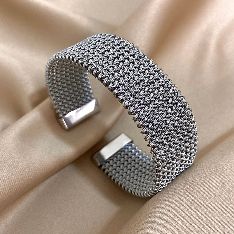 Vintage Stainless Steel Braided Open Bracelet for Women Men Waterproof Jewelry