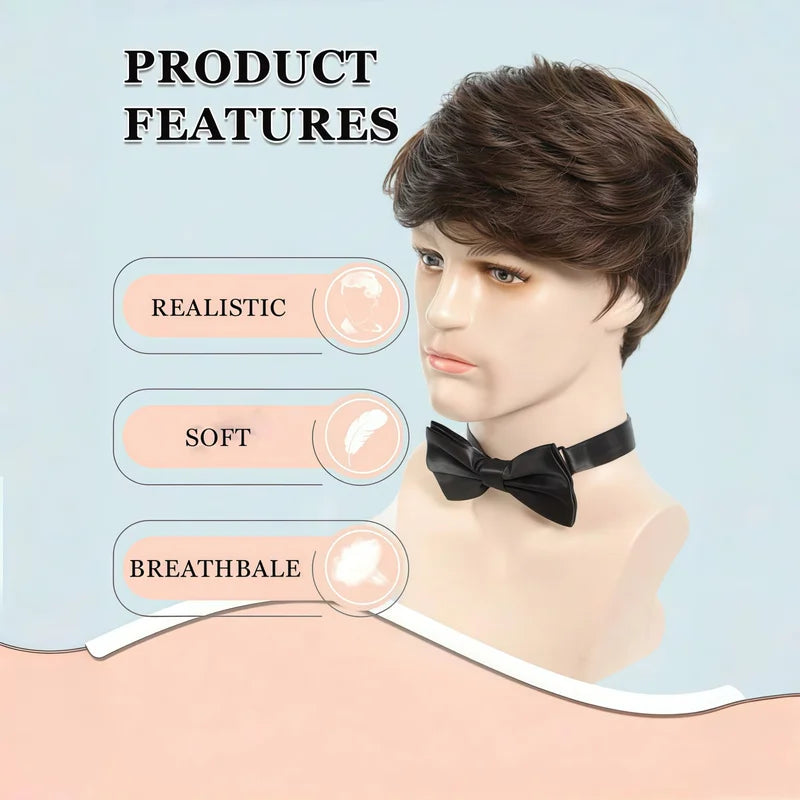 Men's Brown Short Fluffy Synthetic Wig with Side Bangs, Heat-Resistant Coily Fiber for Cosplay