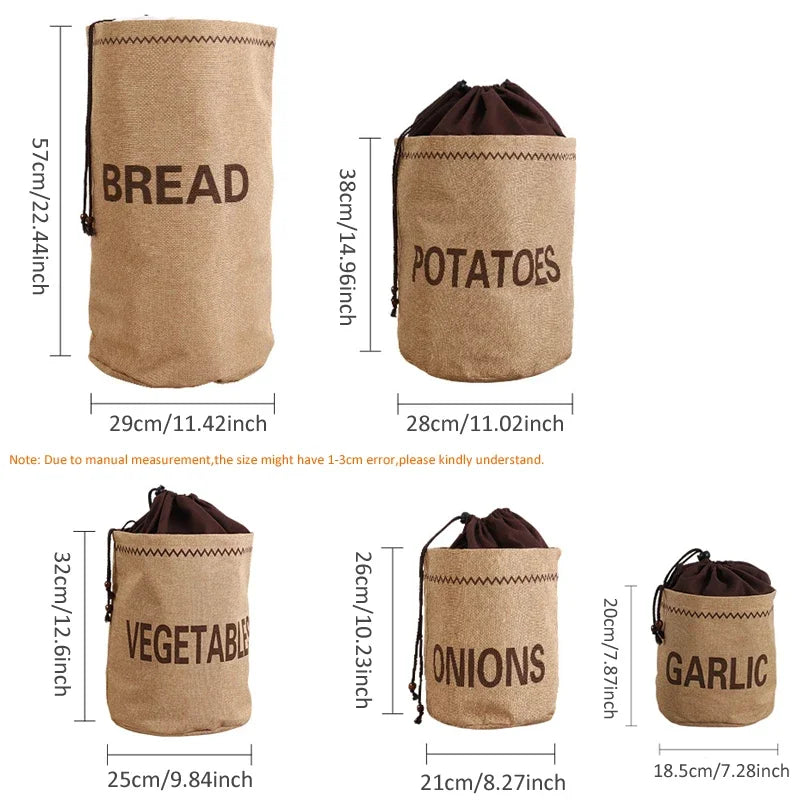 Kitchen Storage Bag Set for Garlic, Onions, Potatoes, Vegetables & Bread - Reusable Burlap Drawstring Sack