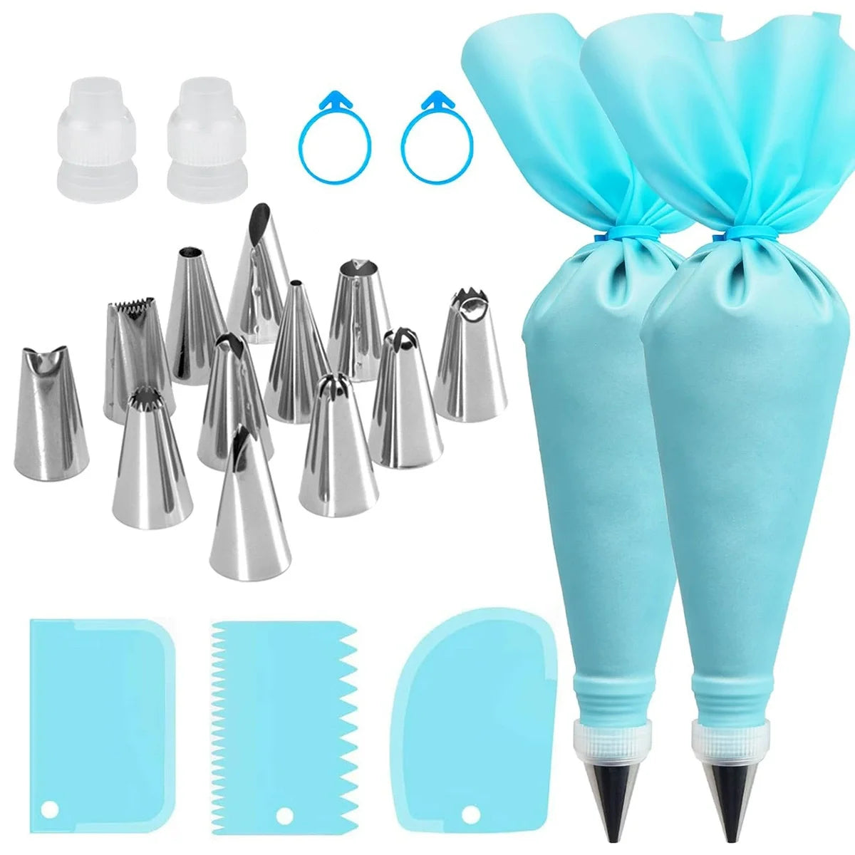 Reusable Cake Decorating Piping Set with Stainless Steel Tips & Silicone Pastry Bags