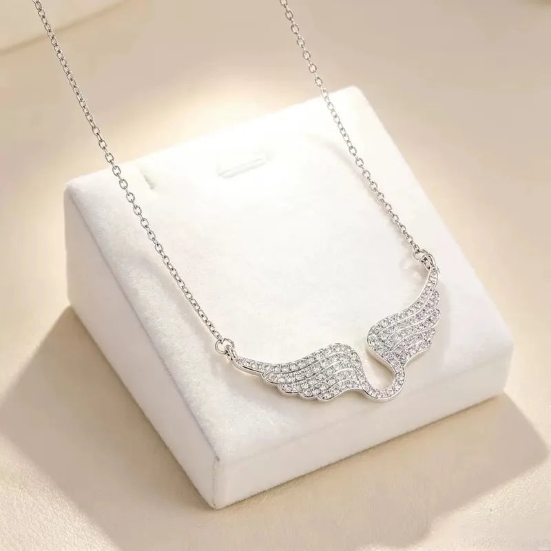 Zircon Necklace with Crown Heart Angel Wings Pendant Stainless Steel Jewelry