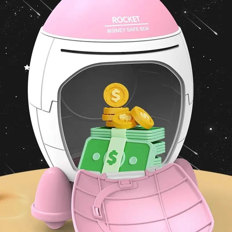 Children's Space Rocket Piggy Bank with Sticker Accessories - Multi-Color Plastic Coin Bank for Kids