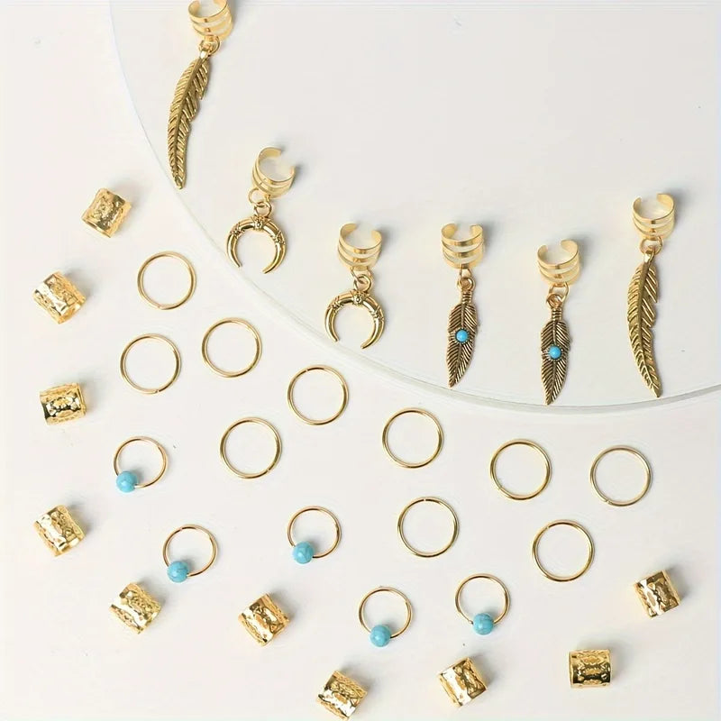 Set of 31 Turquoise Dreadlock Hair Beads and Rings for Braids - Hippie Style Hair Jewelry