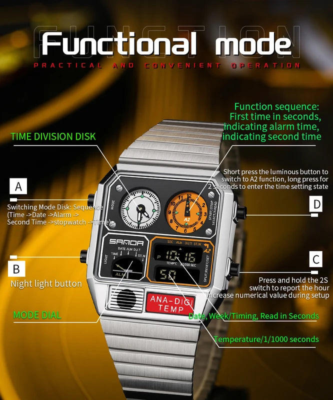 Digital Sport Watch Waterproof LED Thermometer Stopwatch Square Case