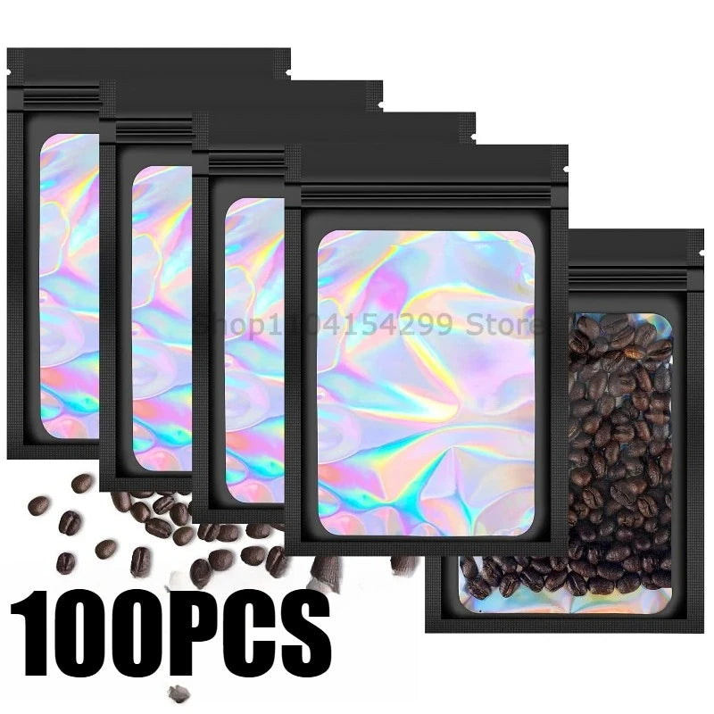 100pcs Holographic Mylar Bags with Ziplock Seal - Candy, Jewelry, Cosmetic Storage