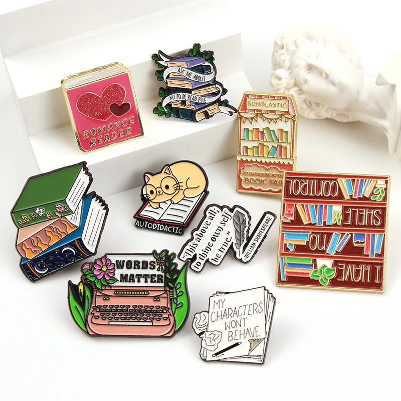 Cute Book Collection Enamel Pins Set - Letters Flowers Library Badge Brooch Jewelry Gift