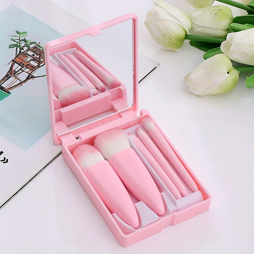 5-Piece Makeup Brush Set with Mirror and Travel Case - Includes Blush, Eyeshadow, Loose Brushes