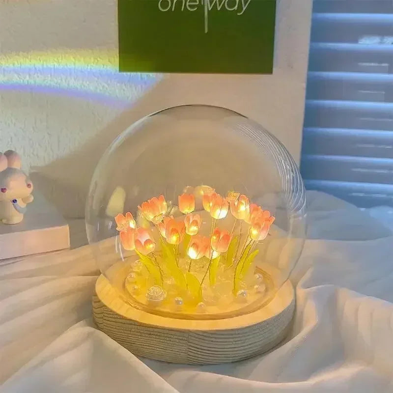 DIY Tulip Night Light with Wooden Base - Handmade LED Bedroom Decor