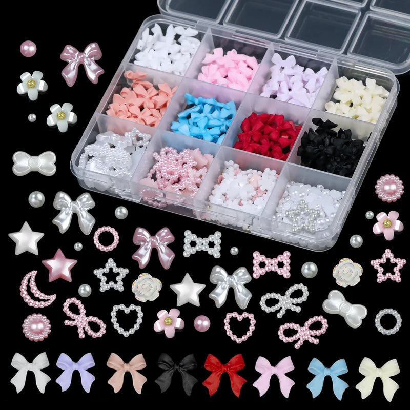 12 Grid Mixed 3D Color Resin Bow Pearl Heart Flat Back Diamond Nail Art Decorations