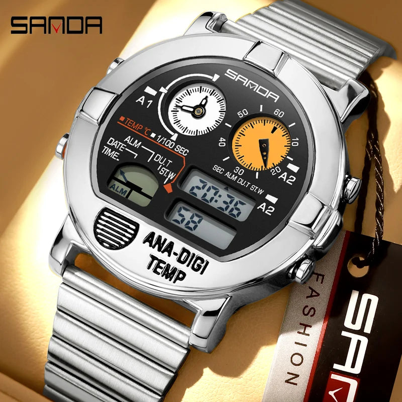 Digital Men’s Watch with Steel Band, Temperature & Stopwatch Functions