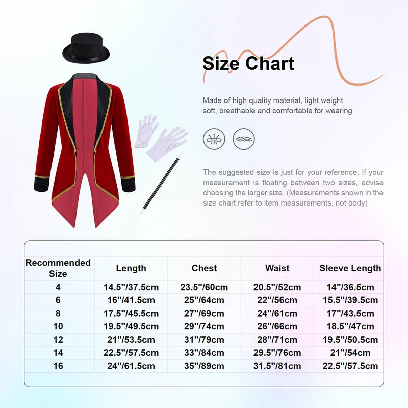 Circus Ringmaster Tailcoat Costume with Hat, Wand & Gloves for Kids & Adults