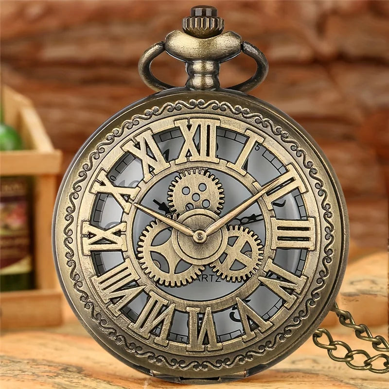 Vintage Steampunk Gear Quartz Pocket Watch with Necklace & World-Time