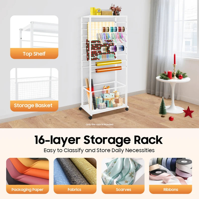 16-Layer Ribbon Organizer Rack - Double-Sided Iron Craft Storage with Lockable Wheels