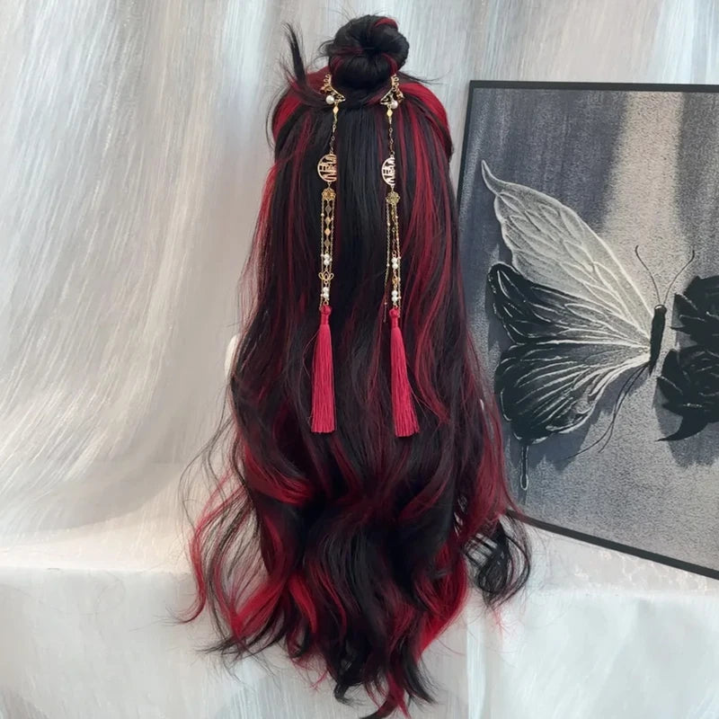 Long Wavy Synthetic Wig for Women - Black Ombre Red Layered Cosplay & Party Hair