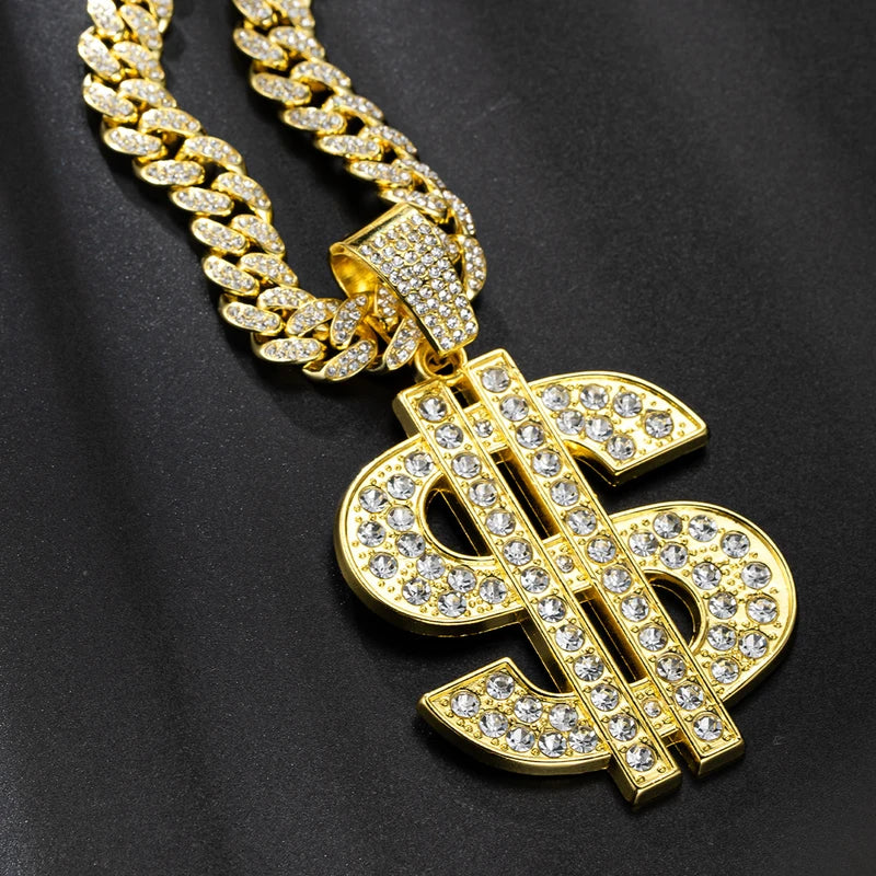 Hip Hop Dollar Pendant Necklace with Cuban Chain - Money Sign Jewelry for Men