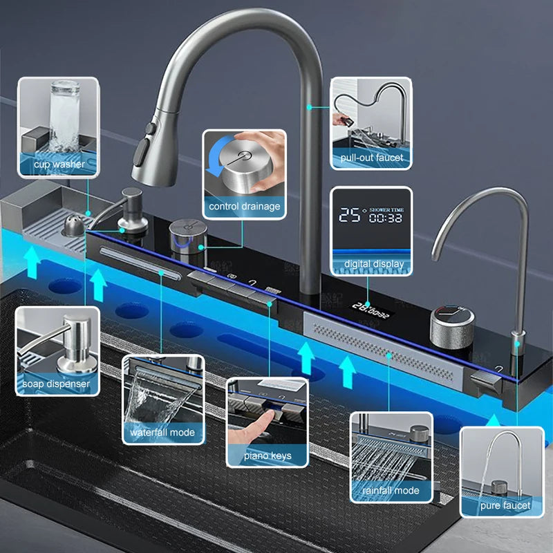 Large Stainless Steel Kitchen Sink with Digital Display and Touch Waterfall Faucet