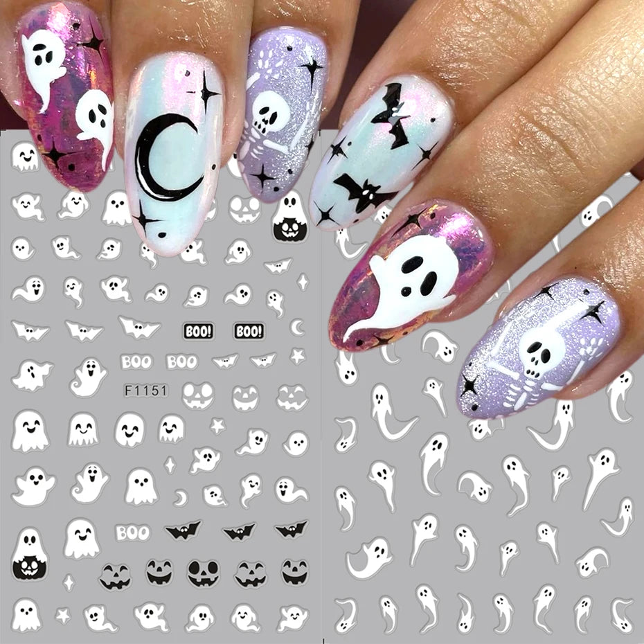Glow-in-the-Dark Halloween Nail Stickers with Ghost and Pumpkin Designs - 2 Pieces