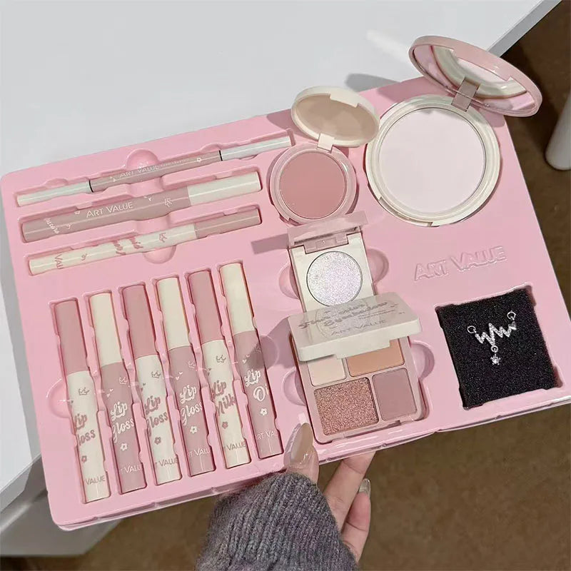 Lip & Eye Makeup Set with Lip Gloss Lip Oil Mascara Eyeliner Blush Highlighter
